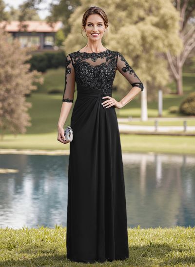 A-Line Illusion Neck 1/2 Sleeves Chiffon Mother Of The Bride Dresses With Appliques Lace