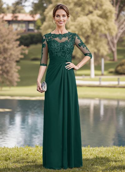 A-Line Illusion Neck 1/2 Sleeves Chiffon Mother Of The Bride Dresses With Appliques Lace