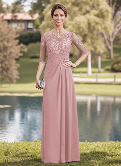 A-Line Illusion Neck 1/2 Sleeves Chiffon Mother Of The Bride Dresses With Appliques Lace