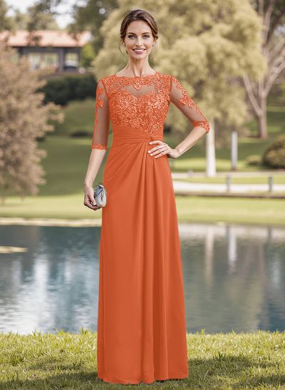 A-Line Illusion Neck 1/2 Sleeves Chiffon Mother Of The Bride Dresses With Appliques Lace