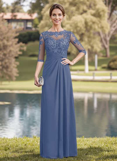 A-Line Illusion Neck 1/2 Sleeves Chiffon Mother Of The Bride Dresses With Appliques Lace