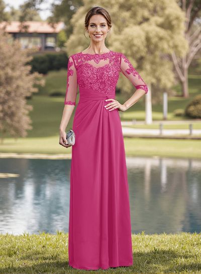 A-Line Illusion Neck 1/2 Sleeves Chiffon Mother Of The Bride Dresses With Appliques Lace