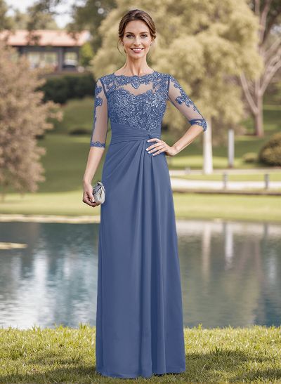 A-Line Illusion Neck 1/2 Sleeves Chiffon Mother Of The Bride Dresses With Appliques Lace