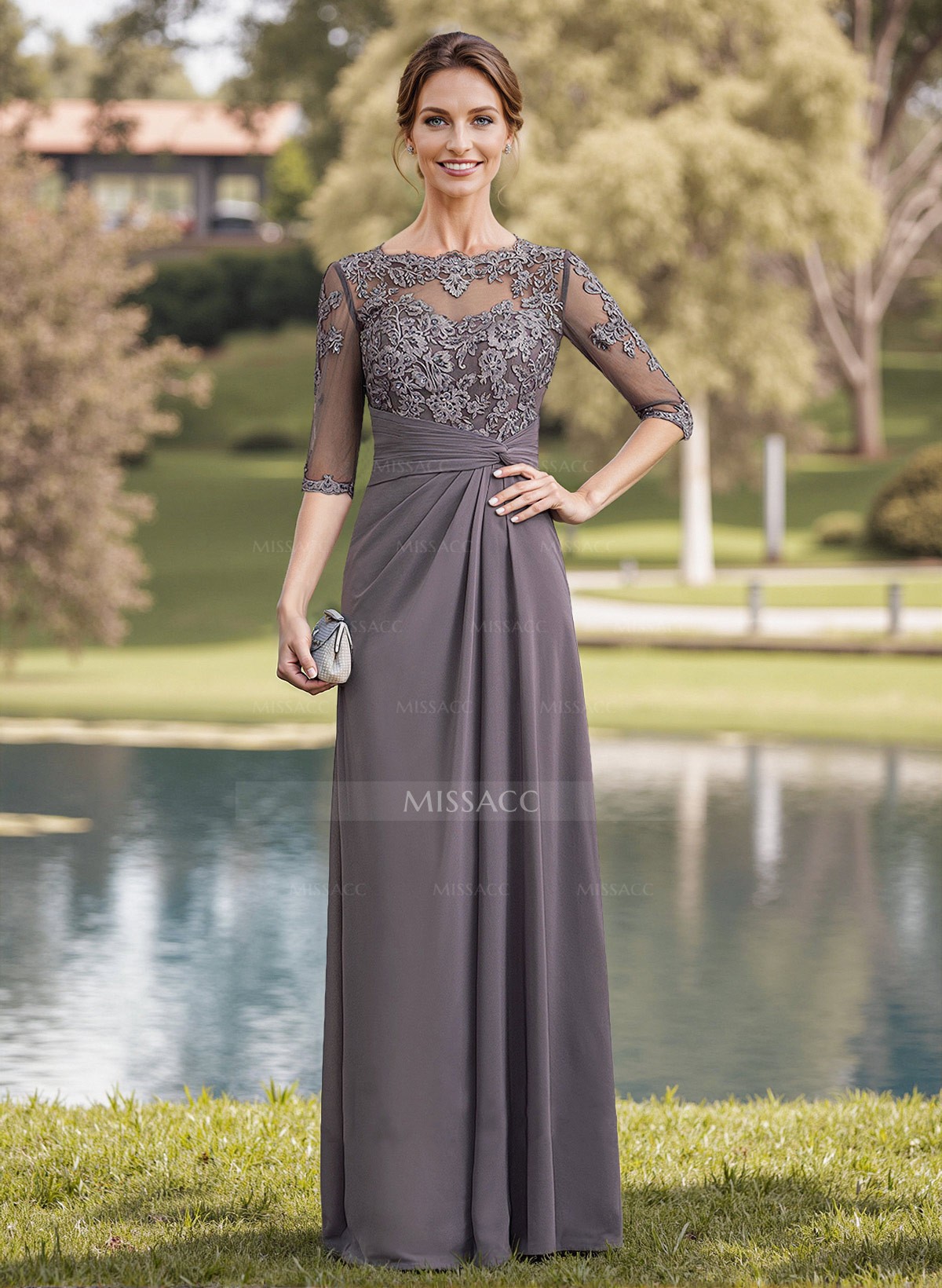 A-Line Illusion Neck 1/2 Sleeves Chiffon Mother Of The Bride Dresses With Appliques Lace