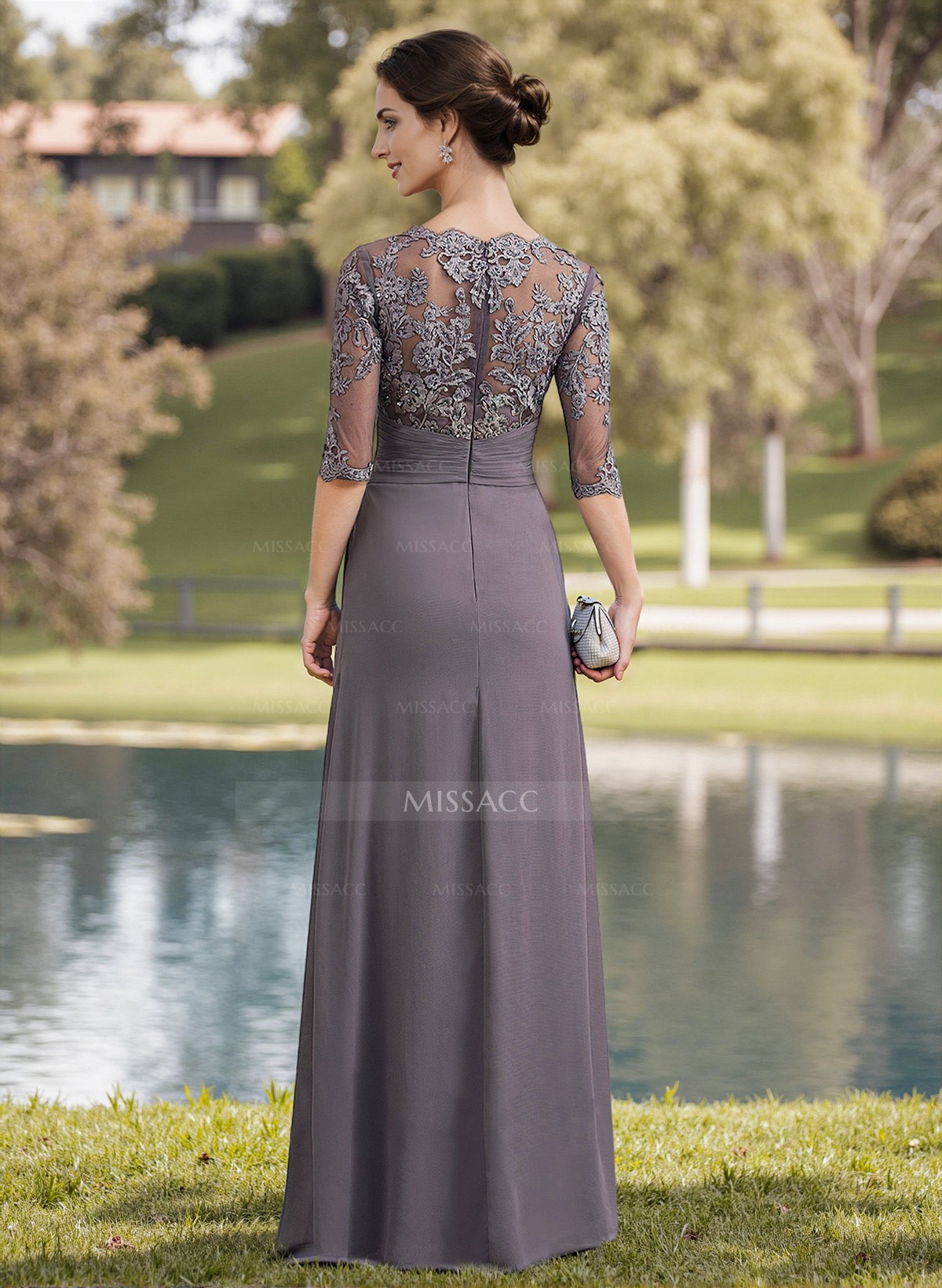 A-Line Illusion Neck 1/2 Sleeves Chiffon Mother Of The Bride Dresses With Appliques Lace