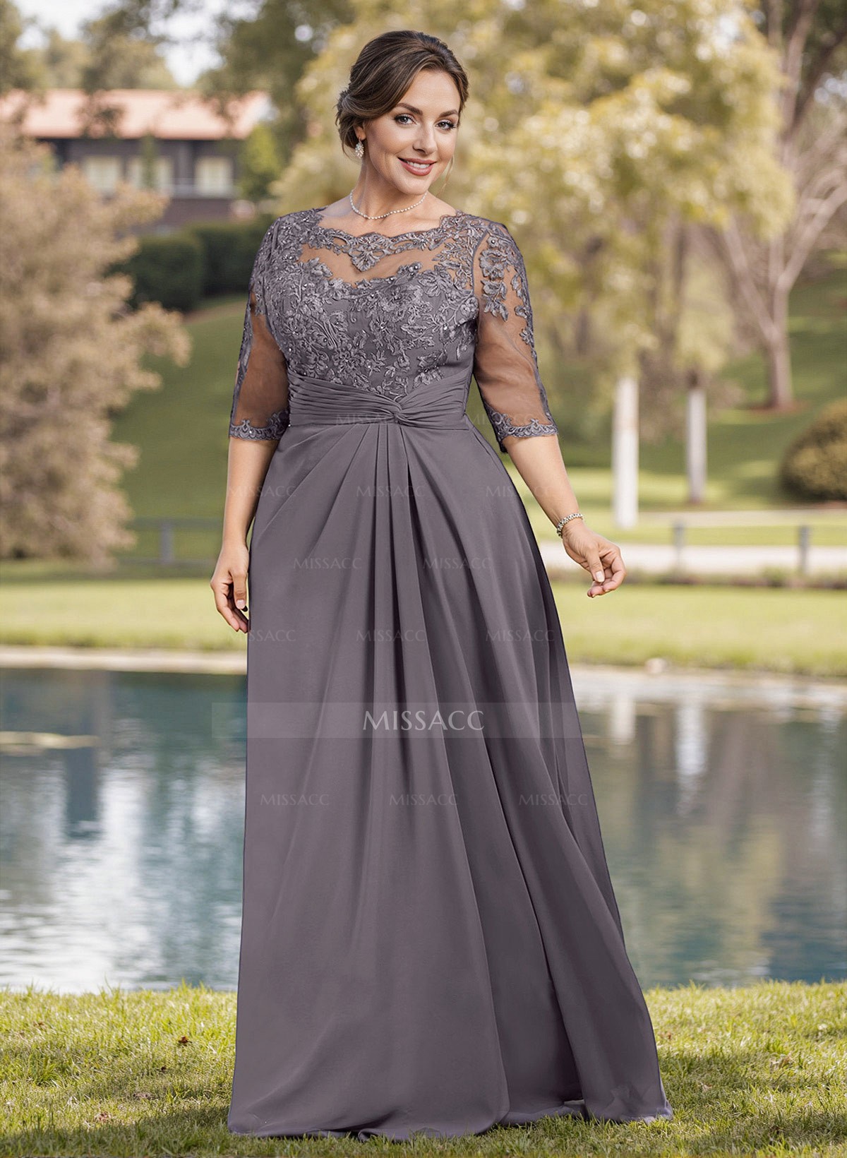 A-Line Illusion Neck 1/2 Sleeves Chiffon Mother Of The Bride Dresses With Appliques Lace