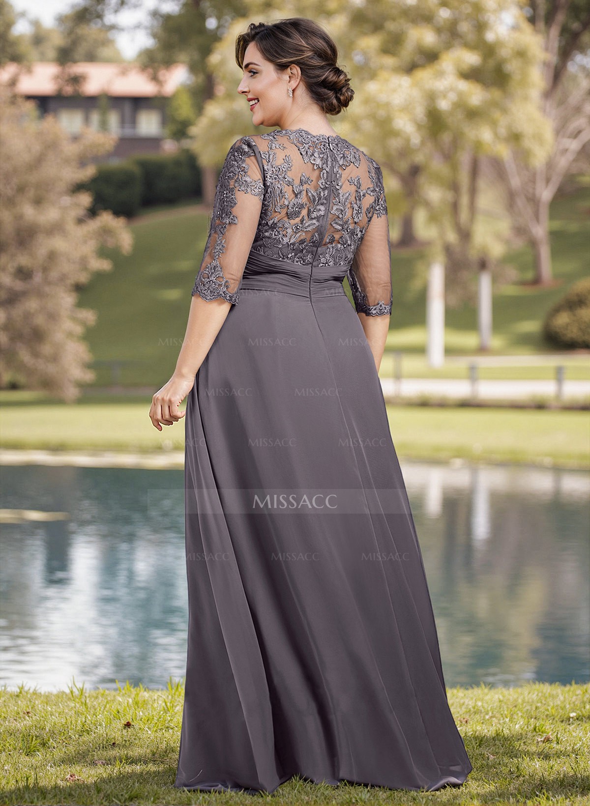 A-Line Illusion Neck 1/2 Sleeves Chiffon Mother Of The Bride Dresses With Appliques Lace