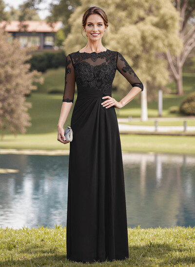 A-Line Illusion Neck 1/2 Sleeves Chiffon Mother Of The Bride Dresses With Appliques Lace