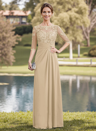 A-Line Illusion Neck 1/2 Sleeves Chiffon Mother Of The Bride Dresses With Appliques Lace