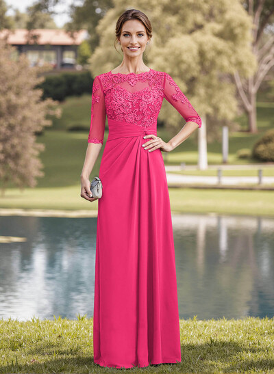 A-Line Illusion Neck 1/2 Sleeves Chiffon Mother Of The Bride Dresses With Appliques Lace