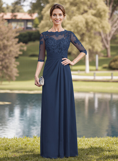 A-Line Illusion Neck 1/2 Sleeves Chiffon Mother Of The Bride Dresses With Appliques Lace