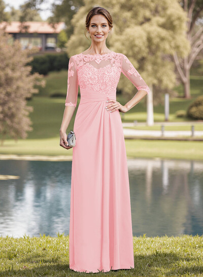 A-Line Illusion Neck 1/2 Sleeves Chiffon Mother Of The Bride Dresses With Appliques Lace