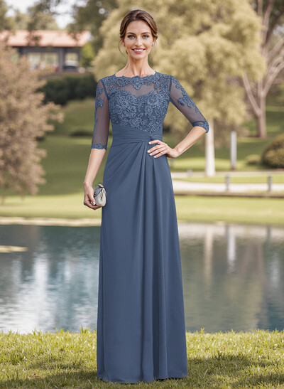 A-Line Illusion Neck 1/2 Sleeves Chiffon Mother Of The Bride Dresses With Appliques Lace