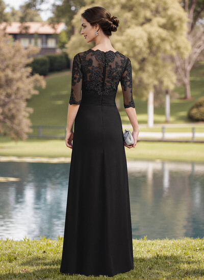 A-Line Illusion Neck 1/2 Sleeves Chiffon Mother Of The Bride Dresses With Appliques Lace