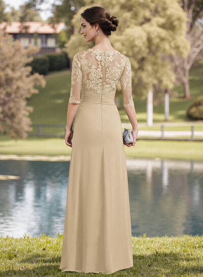 A-Line Illusion Neck 1/2 Sleeves Chiffon Mother Of The Bride Dresses With Appliques Lace