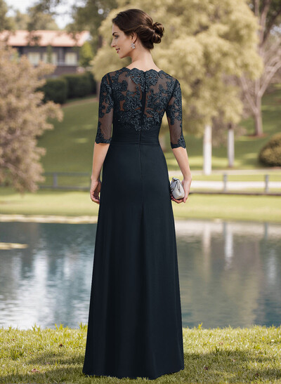 A-Line Illusion Neck 1/2 Sleeves Chiffon Mother Of The Bride Dresses With Appliques Lace