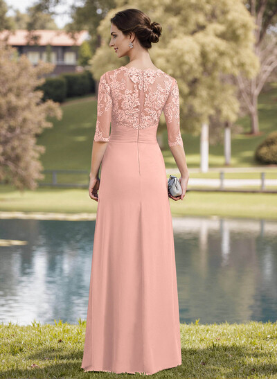 A-Line Illusion Neck 1/2 Sleeves Chiffon Mother Of The Bride Dresses With Appliques Lace