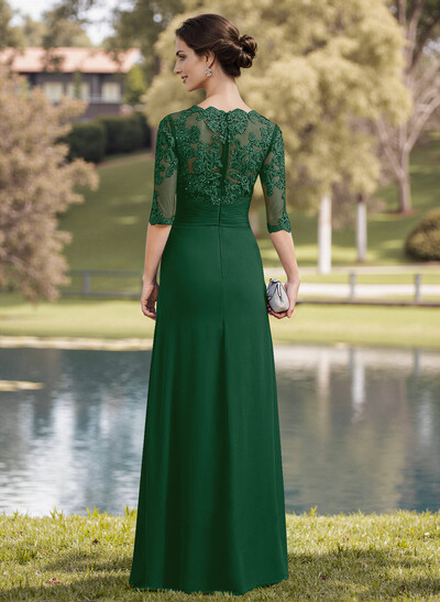 A-Line Illusion Neck 1/2 Sleeves Chiffon Mother Of The Bride Dresses With Appliques Lace