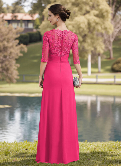 A-Line Illusion Neck 1/2 Sleeves Chiffon Mother Of The Bride Dresses With Appliques Lace