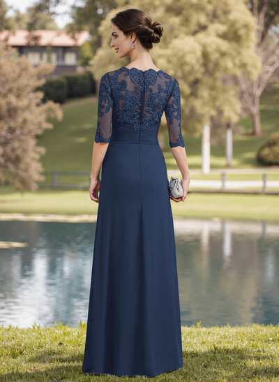 A-Line Illusion Neck 1/2 Sleeves Chiffon Mother Of The Bride Dresses With Appliques Lace