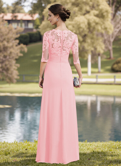 A-Line Illusion Neck 1/2 Sleeves Chiffon Mother Of The Bride Dresses With Appliques Lace