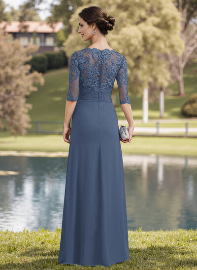 A-Line Illusion Neck 1/2 Sleeves Chiffon Mother Of The Bride Dresses With Appliques Lace