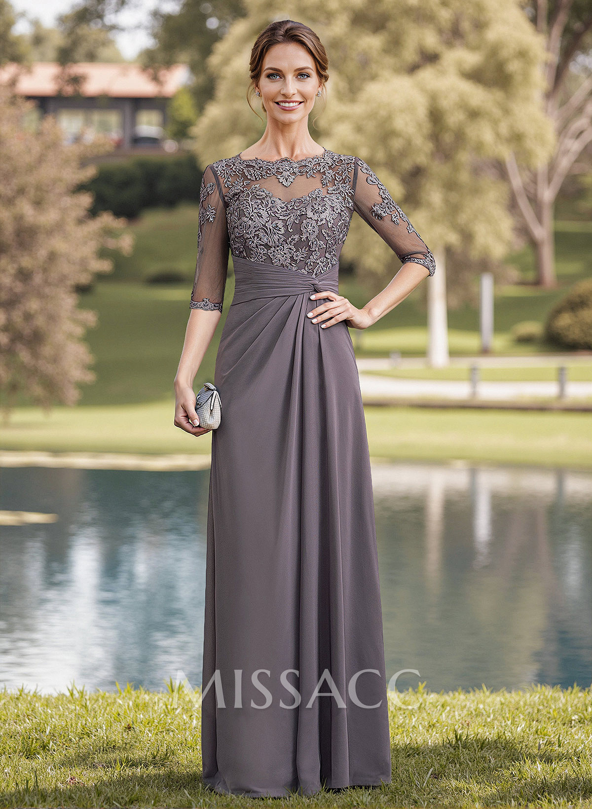 A-Line Illusion Neck 1/2 Sleeves Chiffon Mother Of The Bride Dresses With Appliques Lace A-Line Illusion Neck 1/2 Sleeves Chiffon Mother Of The Bride Dresses With Appliques Lace
