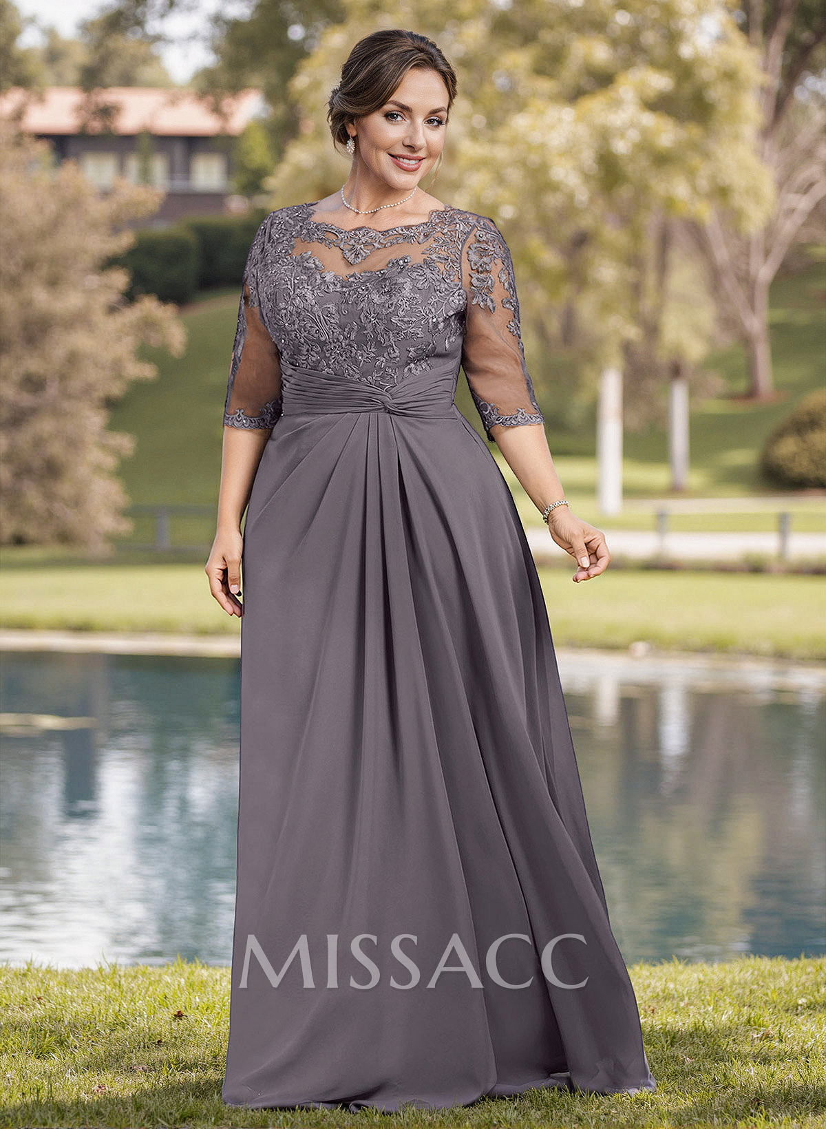 A-Line Illusion Neck 1/2 Sleeves Chiffon Mother Of The Bride Dresses With Appliques Lace A-Line Illusion Neck 1/2 Sleeves Chiffon Mother Of The Bride Dresses With Appliques Lace