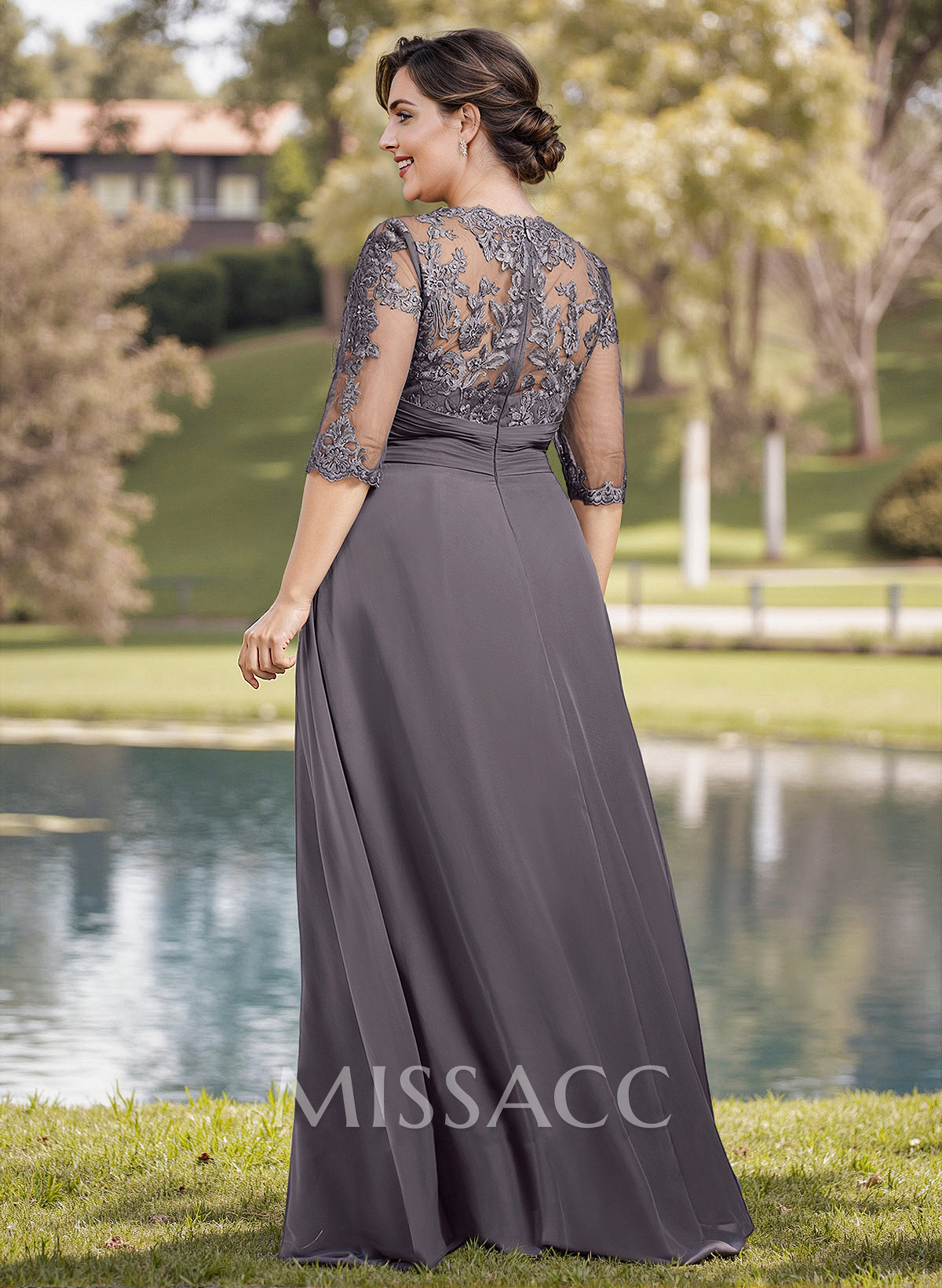 A-Line Illusion Neck 1/2 Sleeves Chiffon Mother Of The Bride Dresses With Appliques Lace A-Line Illusion Neck 1/2 Sleeves Chiffon Mother Of The Bride Dresses With Appliques Lace
