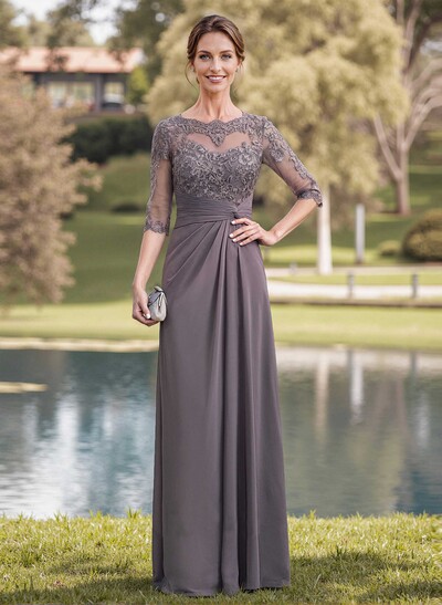 A-Line Illusion Neck 1/2 Sleeves Chiffon Mother Of The Bride Dresses With Appliques Lace