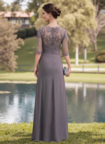 A-Line Illusion Neck 1/2 Sleeves Chiffon Mother Of The Bride Dresses With Appliques Lace