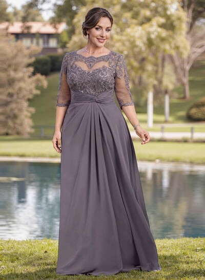 A-Line Illusion Neck 1/2 Sleeves Chiffon Mother Of The Bride Dresses With Appliques Lace