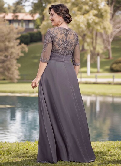 A-Line Illusion Neck 1/2 Sleeves Chiffon Mother Of The Bride Dresses With Appliques Lace