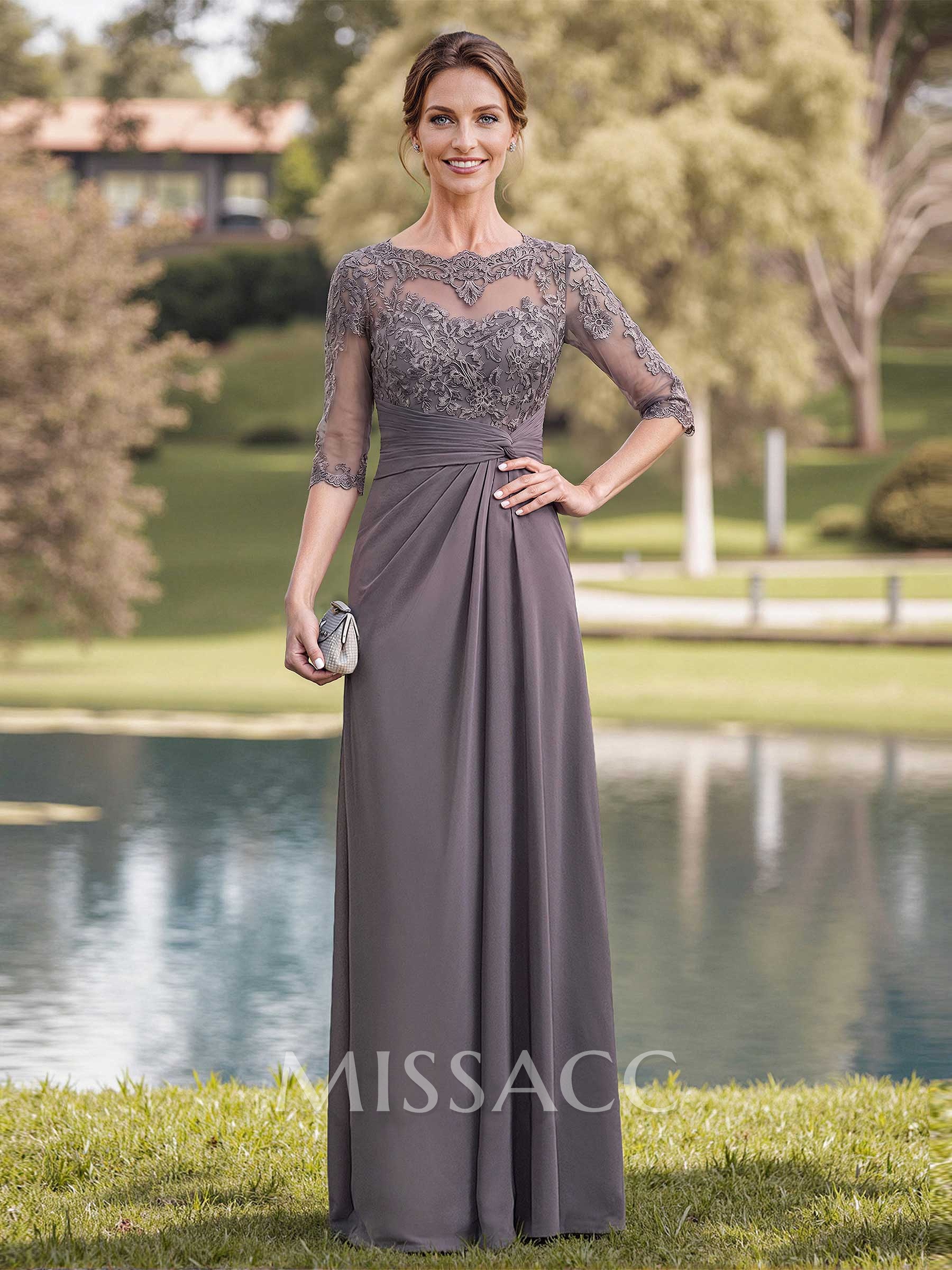 A-Line Illusion Neck 1/2 Sleeves Chiffon Mother Of The Bride Dresses With Appliques Lace