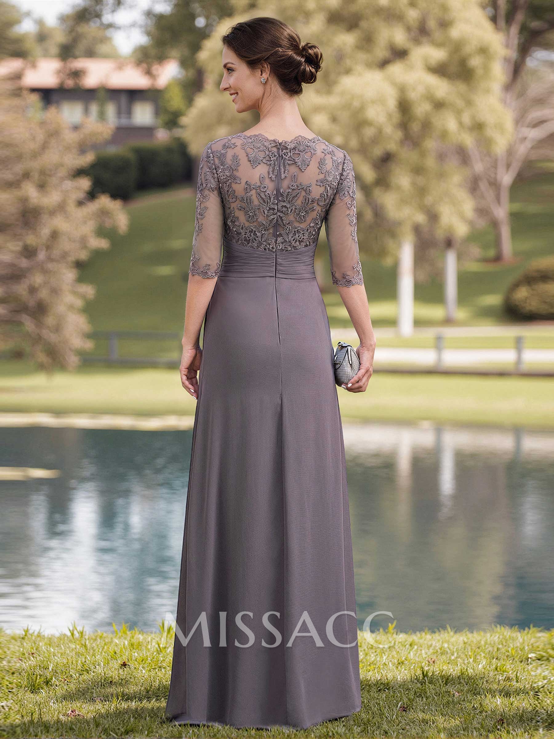 A-Line Illusion Neck 1/2 Sleeves Chiffon Mother Of The Bride Dresses With Appliques Lace