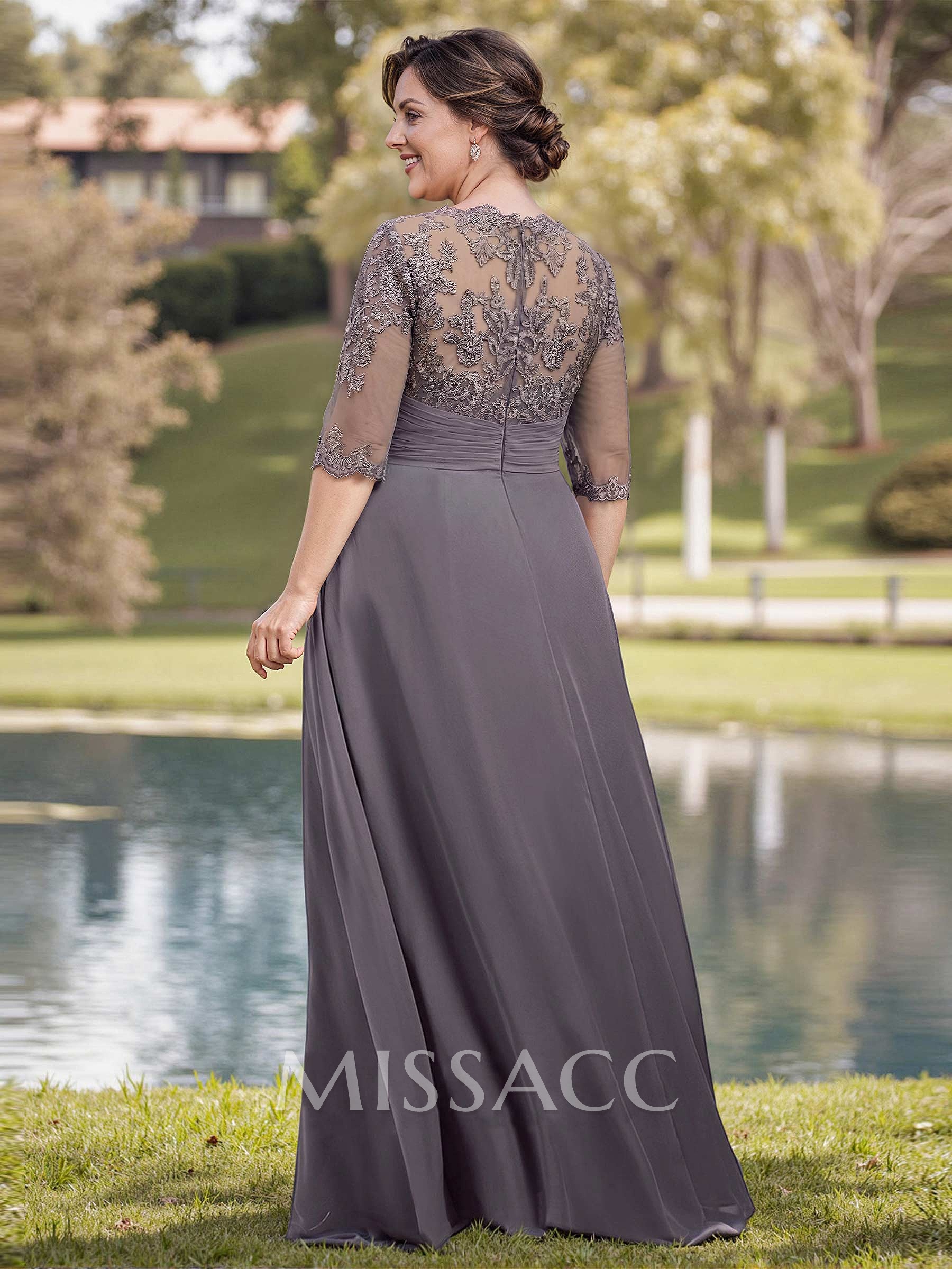 A-Line Illusion Neck 1/2 Sleeves Chiffon Mother Of The Bride Dresses With Appliques Lace