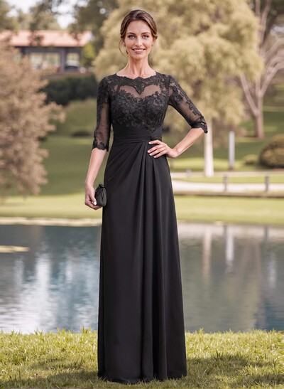 A-Line Illusion Neck 1/2 Sleeves Chiffon Mother Of The Bride Dresses With Appliques Lace