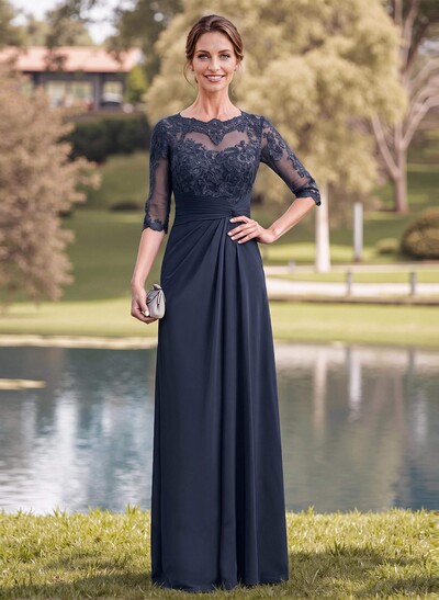 A-Line Illusion Neck 1/2 Sleeves Chiffon Mother Of The Bride Dresses With Appliques Lace