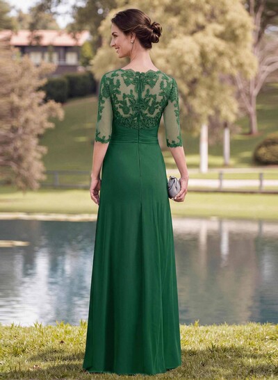 A-Line Illusion Neck 1/2 Sleeves Chiffon Mother Of The Bride Dresses With Appliques Lace