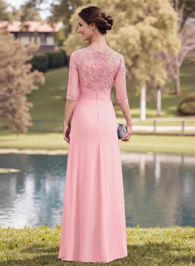 A-Line Illusion Neck 1/2 Sleeves Chiffon Mother Of The Bride Dresses With Appliques Lace