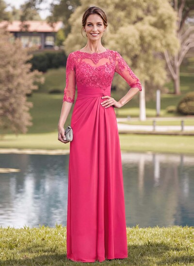 A-Line Illusion Neck 1/2 Sleeves Chiffon Mother Of The Bride Dresses With Appliques Lace