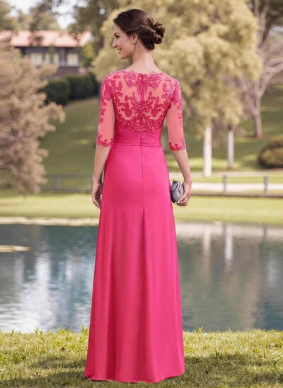 A-Line Illusion Neck 1/2 Sleeves Chiffon Mother Of The Bride Dresses With Appliques Lace
