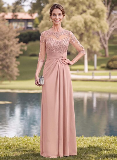 A-Line Illusion Neck 1/2 Sleeves Chiffon Mother Of The Bride Dresses With Appliques Lace