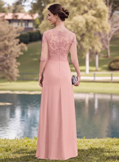 A-Line Illusion Neck 1/2 Sleeves Chiffon Mother Of The Bride Dresses With Appliques Lace