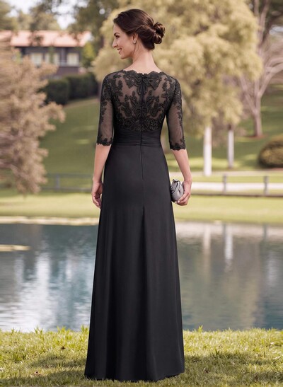 A-Line Illusion Neck 1/2 Sleeves Chiffon Mother Of The Bride Dresses With Appliques Lace