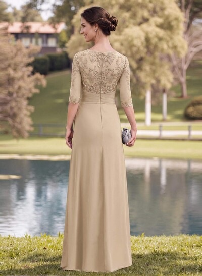 A-Line Illusion Neck 1/2 Sleeves Chiffon Mother Of The Bride Dresses With Appliques Lace