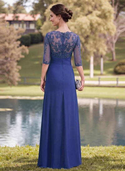 A-Line Illusion Neck 1/2 Sleeves Chiffon Mother Of The Bride Dresses With Appliques Lace