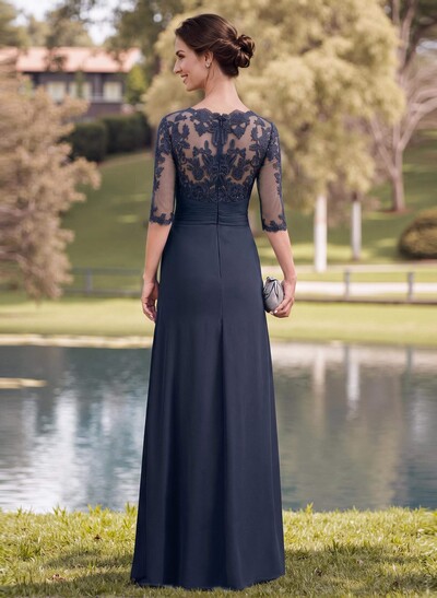 A-Line Illusion Neck 1/2 Sleeves Chiffon Mother Of The Bride Dresses With Appliques Lace