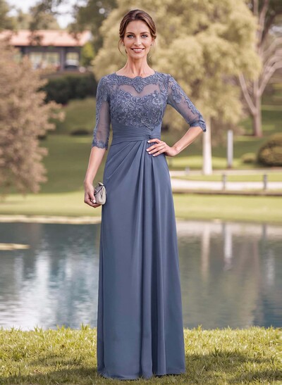 A-Line Illusion Neck 1/2 Sleeves Chiffon Mother Of The Bride Dresses With Appliques Lace