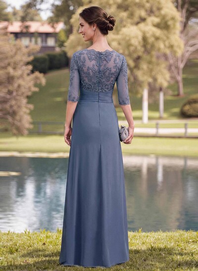 A-Line Illusion Neck 1/2 Sleeves Chiffon Mother Of The Bride Dresses With Appliques Lace